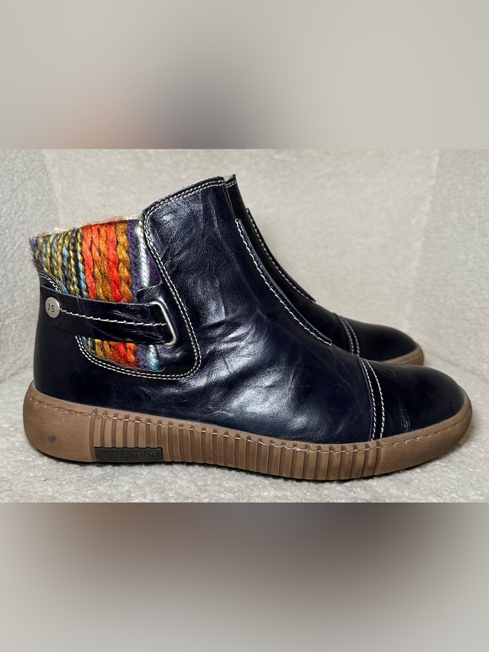 Josef Seibel Maren 07 Black Navy Leather Chelsea Ankle Boots Wool Cuff Winter 10 - Picture 2 of 13